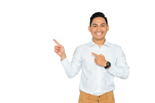 Portrait of smiling young Asian man in formal wear pointing fingers aside at copy space, presents something isolated on transparent background