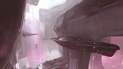 Futuristic spaceport concept art with flying vehicles and abstract architecture exploration design