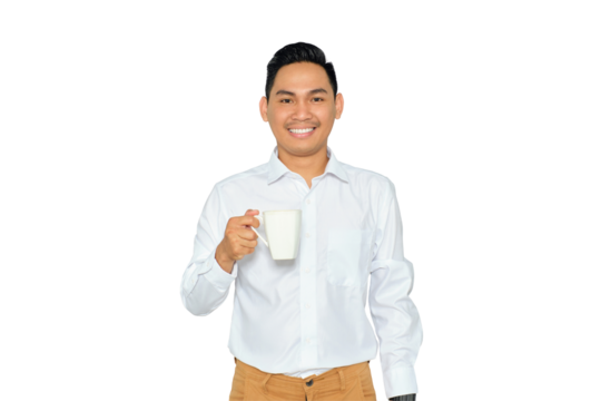 Smiling young Asian man in formal wear holding cup of coffee and looking at camera with happy expression isolated on transparent background - Powered by Adobe