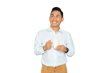 Portrait of happy young Asian man in formal wear holding cup of coffee and looking up with smile isolated on transparent background