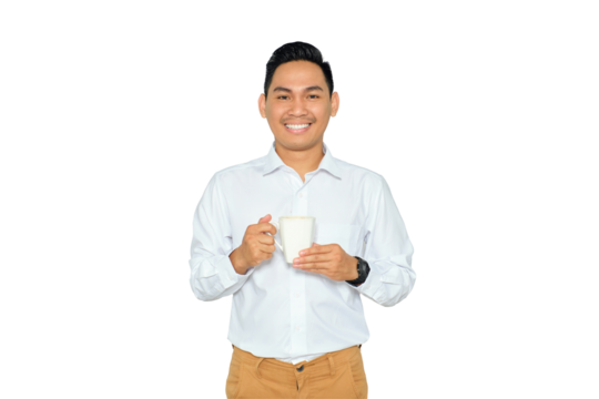 Smiling young Asian man in formal wear holding cup of coffee and looking at camera with happy expression isolated on transparent background