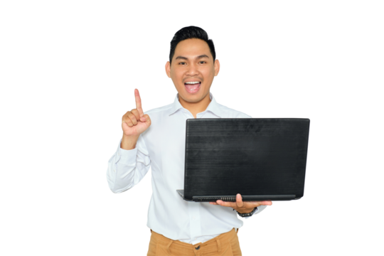 Got Idea. Excited young Asian man in formal wear holding laptop computer and pointing finger up isolated on transparent background