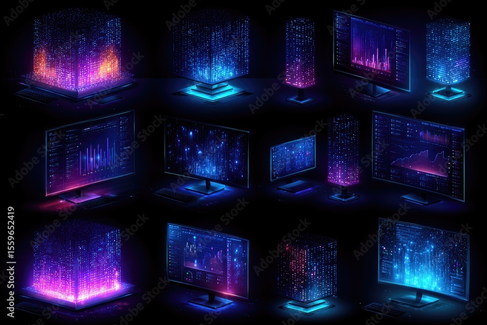Fototapete futuristic computer displays with glowing data visualizations