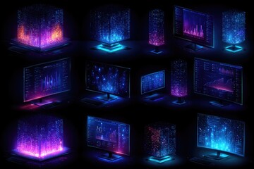 Futuristic computer displays with glowing data visualizations