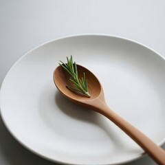 A wooden spoon rests on a pristine white plate, adorned with a sprig of fresh rosemary.