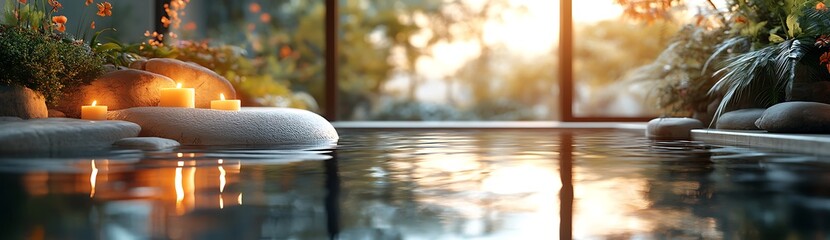 Tranquil Spa Pool with Candlelight Reflections and Natural Greenery


