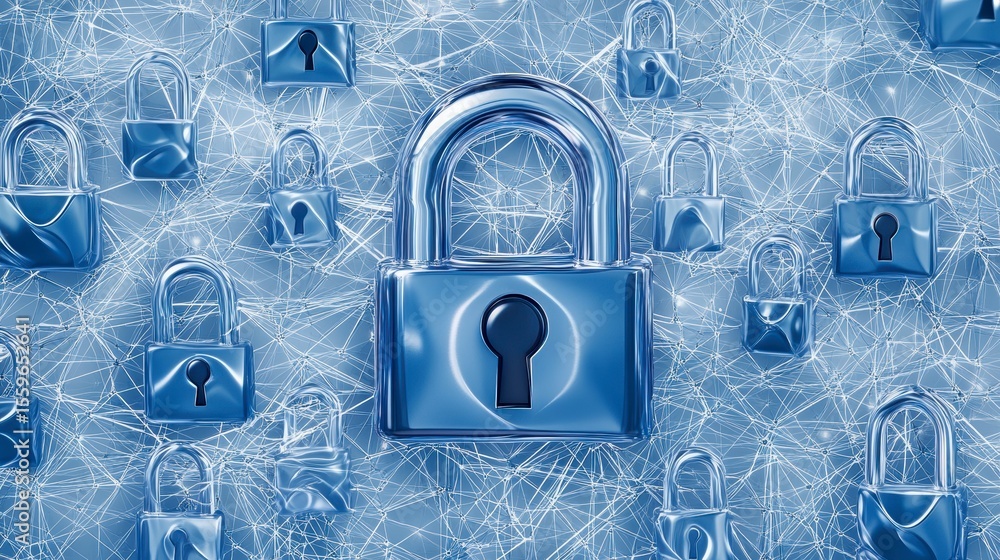 Poster abstract network security concept with many padlocks.