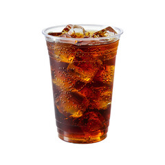 Close up of a plastic cup filled with cola and ice cubes on transparent background , no background