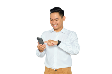 Portrait of happy young Asian man in formal wear using mobile phone for texting message or checking social media isolated on transparent background