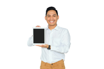 Mockup for advertising. Happy young Asian man in formal wear showing digital tablet blank screen with smile isolated on transparent background