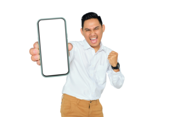 Mockup. Excited young Asian man in formal wear showing mobile phone with blank white screen and celebrating success while clenching fist isolated on transparent background
