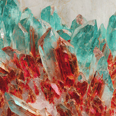 A surreal pattern background drawing from the fiery inclusions of red beryl fused with the icy clarity of aquamarine