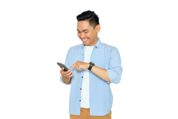 Happy young Asian man in casual clothes using mobile phone for texting message or checking social media isolated on transparent background