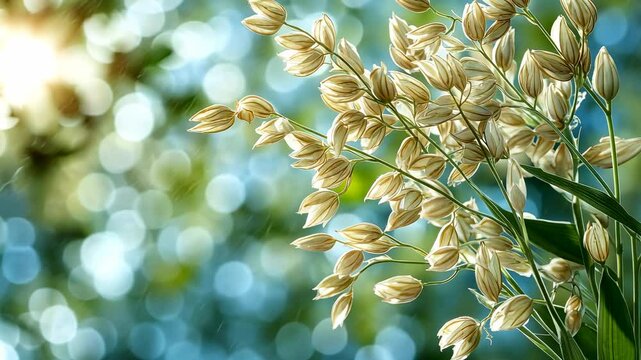 Close-up of oat heads in sunlight