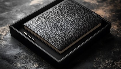 Textured Black Notebook in Open Black Box on Dark Marble Surface

