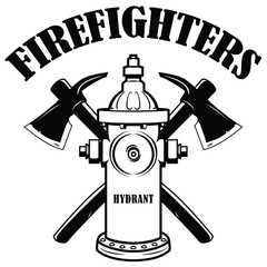 Fire fighter hydrant and crossed axe illustration. Black and white fire fighter blank logo emblem design	
