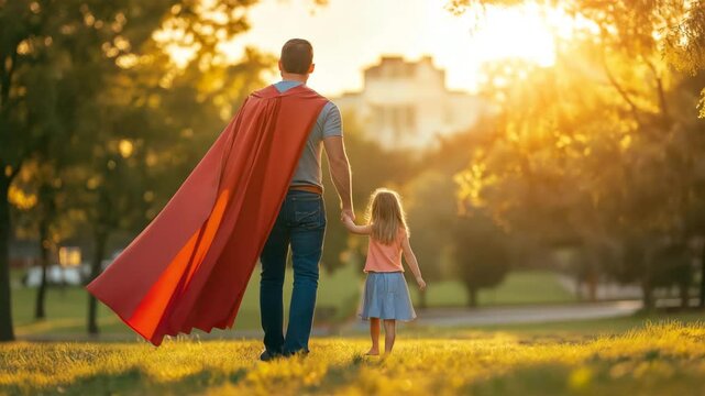 Superdad and daughter share walk in glowing park at sunset