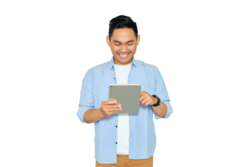Portrait of happy young Asian man in casual clothes using digital tablet for online work or study isolated on transparent background
