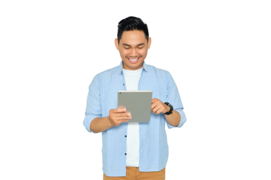Portrait of happy young Asian man in casual clothes using digital tablet for online work or study isolated on transparent background
