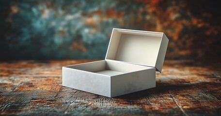 Open Empty White Box with Lid on Rustic Wooden Surface

