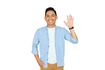 Hello. Portrait of friendly young Asian man in casual clothes showing hi gesture with waving hand and smiling isolated on transparent background