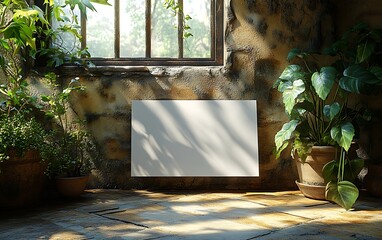 Sunlit Rustic Room with Stone Walls, Large Window, and Green Plants


