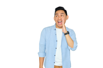 Handsome young Asian man in casual clothes holding hand near mouth, telling a secret, whispering gossip isolated on transparent background