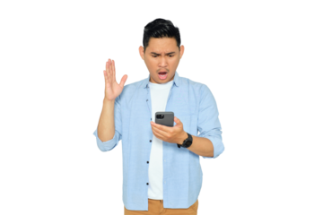 Portrait of handsome young Asian man in casual clothes looking at cellphone screen with shocked expression, reading bad news isolated on white background