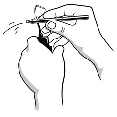 illustration of hand holding airbrush tool. Hand holding paint spray