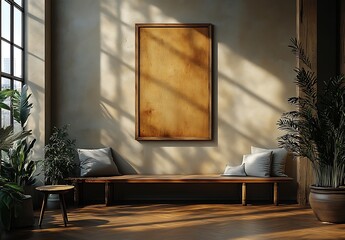 Sunlit Room with Blank Canvas Wooden Bench and Lush Indoor Plants

