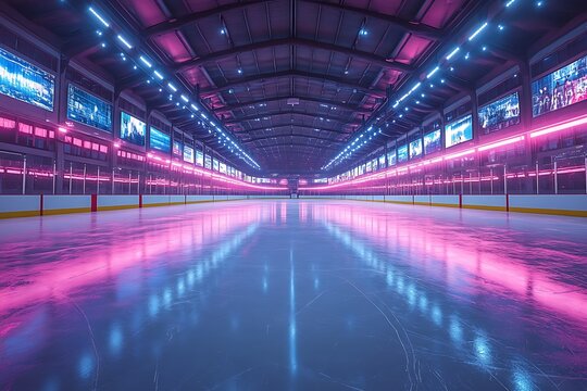 Empty ice hockey rink with pink and blue neon lighting reflecting on the smooth ice surface