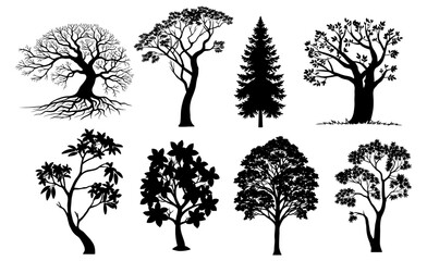 Collection of diverse tree silhouettes in black