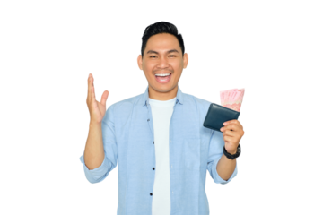 Excited young Asian man in casual clothes holding wallet full of money and celebrating financial success isolated on transparent background. Profit and wealth concept