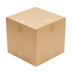 A closed cardboard box sealed with clear tape isolated on transparent background