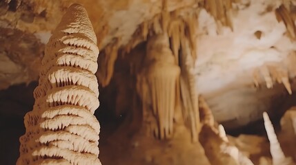 Magnificent stalagmite rising from the cave floor with intricate details and cave formations
