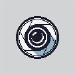 Pixel art illustration Camera Lens. Pixelated Shutter Lens.  Shutter Camera Lens Glass Icon pixelated for the pixel art game and icon for website and video game. old school retro.