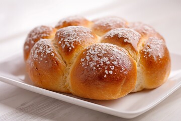 Brioche bread in a plate: Delicious brioche bread, dusted with fine powder, rests elegantly on a pristine white plate, inviting you to savor its golden goodness and delectable aroma.