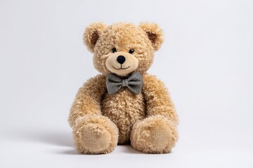 Obraz premium Teddy Bear with Bow Tie: A charming teddy bear, plush and cuddly, sits wearing a sophisticated gray bow tie. This adorable image is perfect for showcasing childhood innocence and gentle charm.