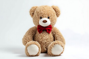 Obraz premium Timeless Teddy Bear: A classic teddy bear sits, showcasing the enduring appeal of childhood comfort and nostalgia with a charming red bow tie, this cuddly companion exudes warmth and joy.