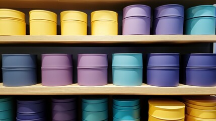 Colorful cylindrical containers neatly arranged on wooden shelves.