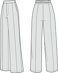 Women's straight leg pants technical fashion drawing, front and back flat sketch, garment vector template, cad illustration for design
