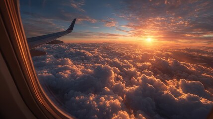 A plane flying through a cloudy sky with a beautiful sunset in the background. The sky is filled with clouds and the sun is setting, creating a serene and peaceful atmosphere
