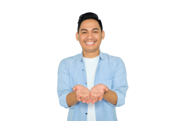 Happy young Asian man in casual clothes with hands palms together, offering help, taking or giving something isolated on transparent background