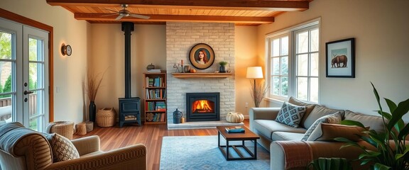 Cozy living room with pellet stove, built-in bookcase, and heat diffuser,  cozy,  interior design