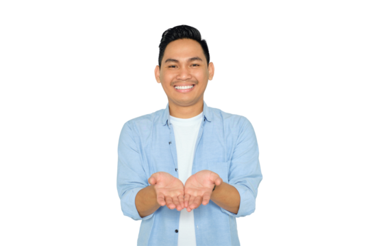 Happy young Asian man in casual clothes with hands palms together, offering help, taking or giving something isolated on transparent background
