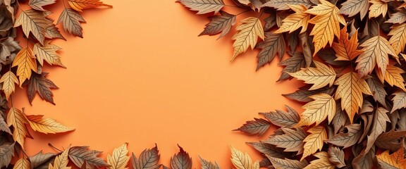 Dried leaves form a rustic border around a peach-colored backdrop,   greeting card,  yellow