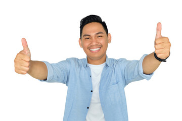 Portrait of happy young Asian man in casual clothes showing thumbs up with both hands and looking at camera with cheerful smile isolated on transparent background