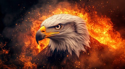 Fiery eagle head portrait, intense gaze, flames background.