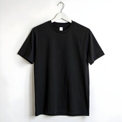 A black tshirt hangs on a hanger, isolated on white background