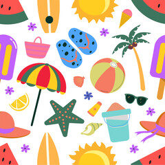 Seamless pattern of summer items like beach balls, hats, umbrellas, flip flops, surfboards, sunglasses, palm trees, ice cream, and starfish in pastel colors on transparent background.